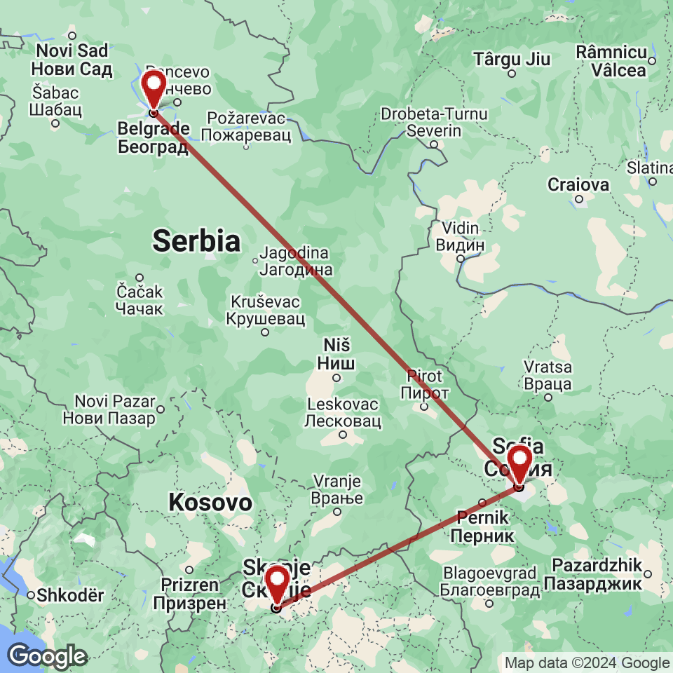Route for Belgrade, Sofia, Skopje tour